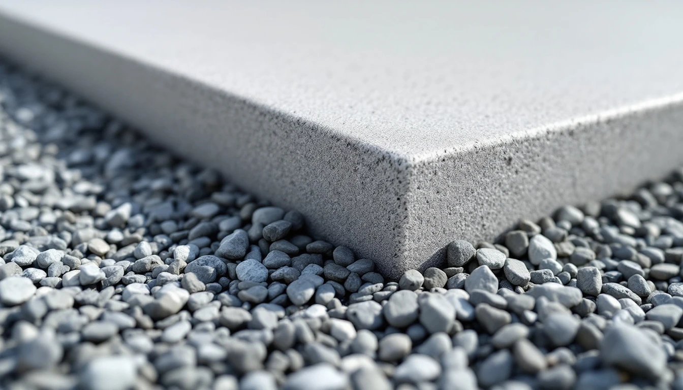 Thick eight inch concrete slab edge resting on a gravel base