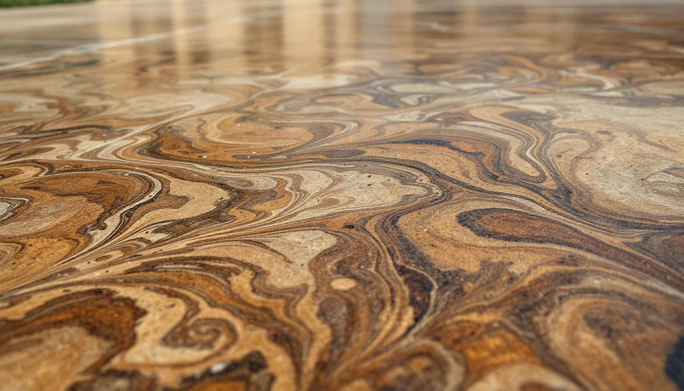 Mottled brown swirl patterns across a sealed acid stained concrete slab