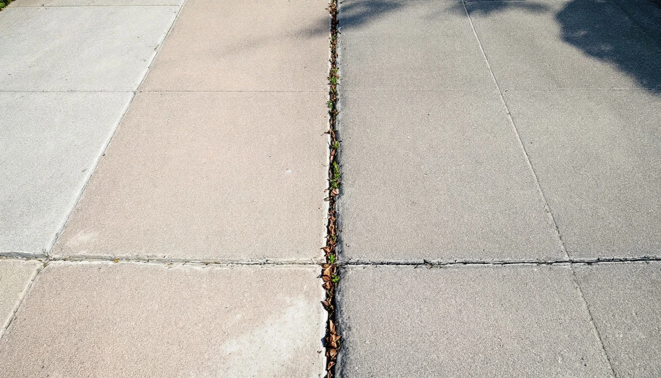 Two neighboring concrete driveways meeting along a shared center seam