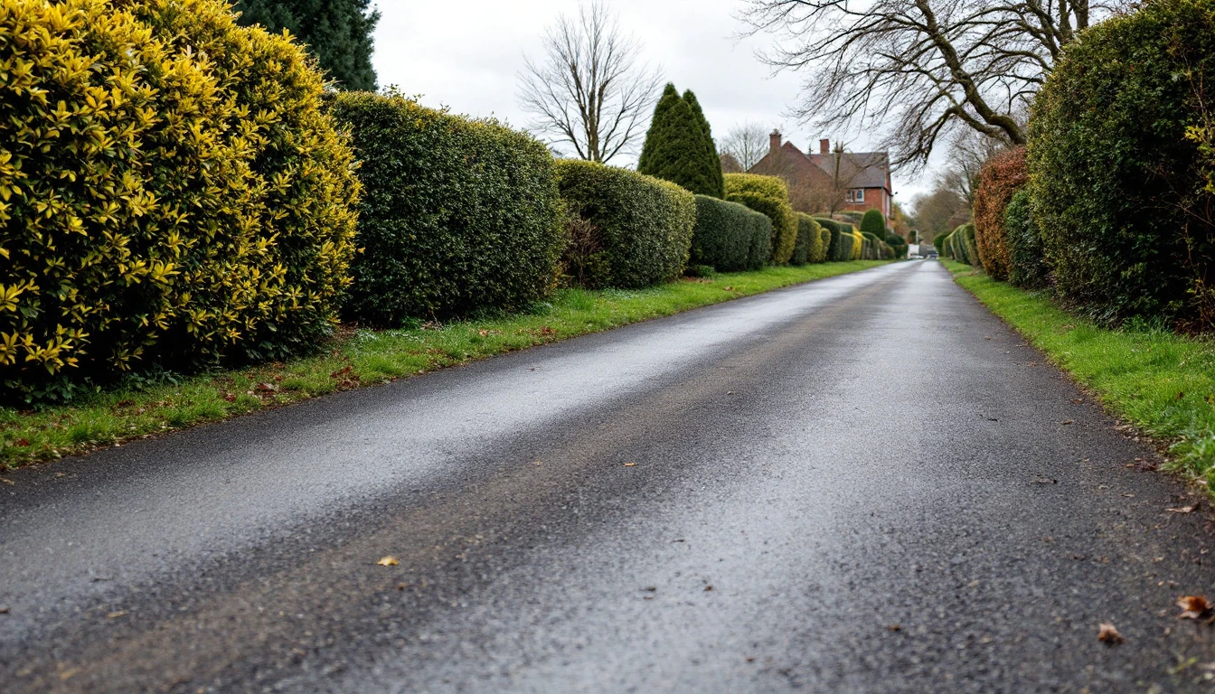 Aged asphalt drive running past a trimmed hedge in soft light