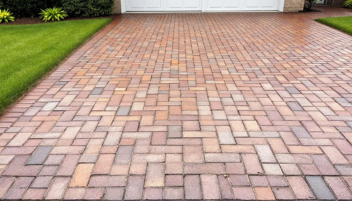 Aged brick paver driveway with softened colors under gray skies