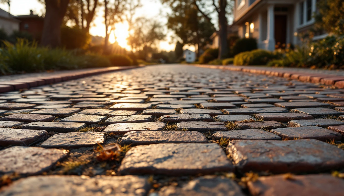 Weathered cobblestone driveway with brick edging in warm evening light