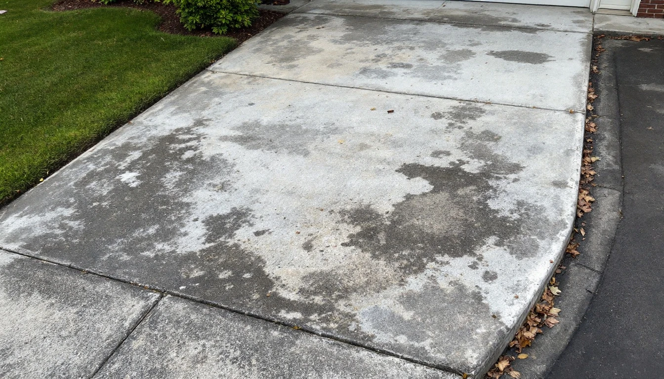 Weathered concrete driveway beside a lawn seen from a high angle