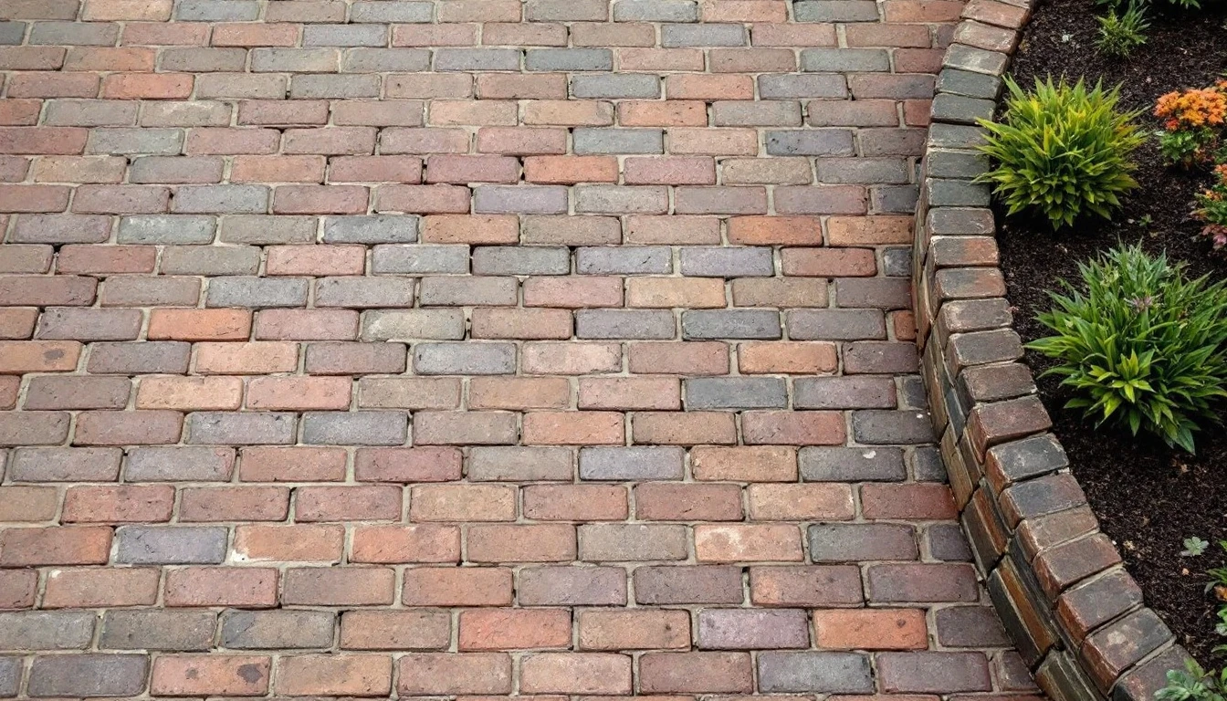 Aged brick paver driveway beside a garden bed viewed from above