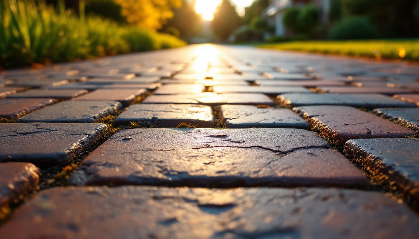 Low view across weathered clay pavers in warm evening light