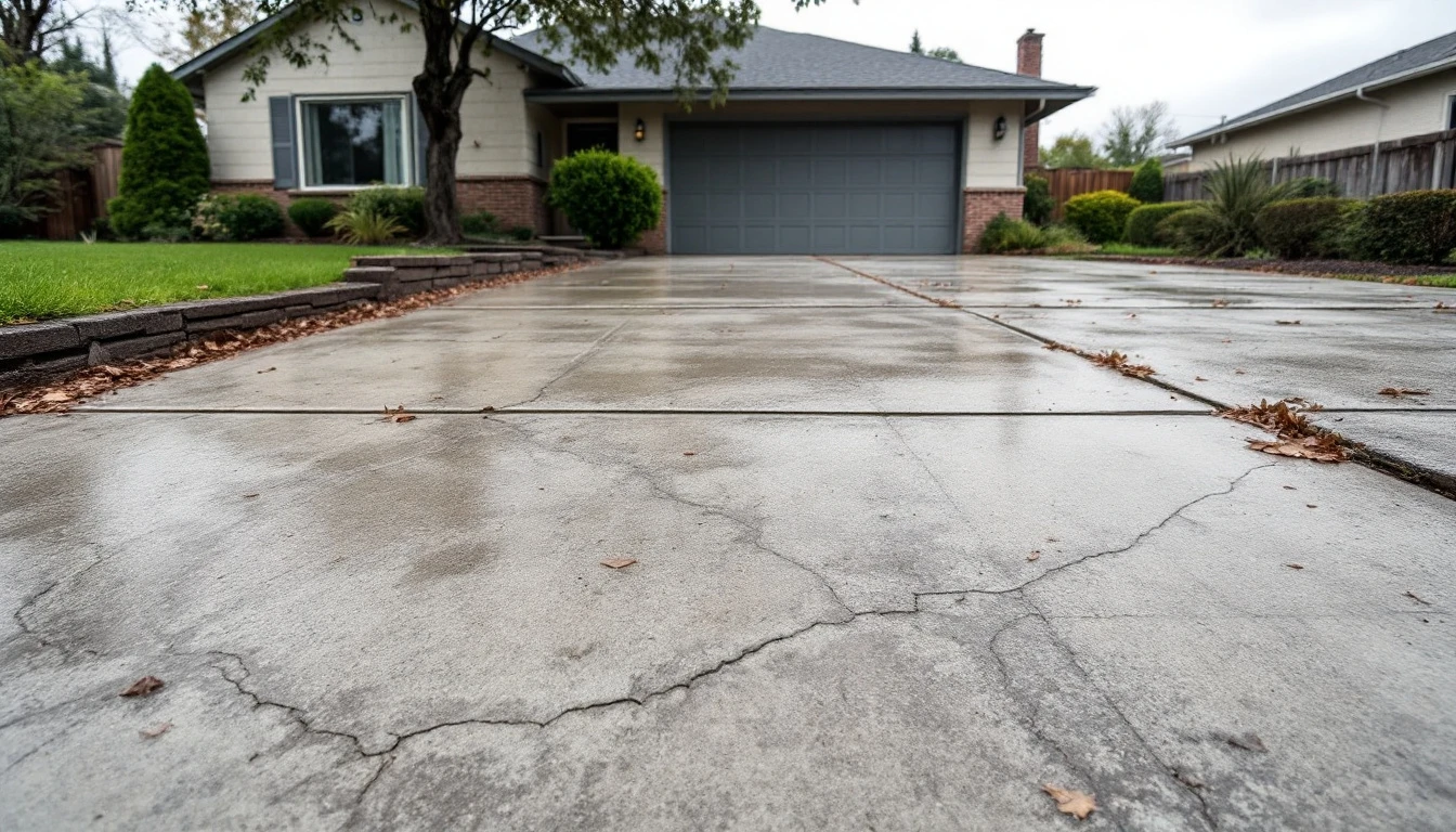 Weathered concrete driveway fronting a quiet home under gray skies