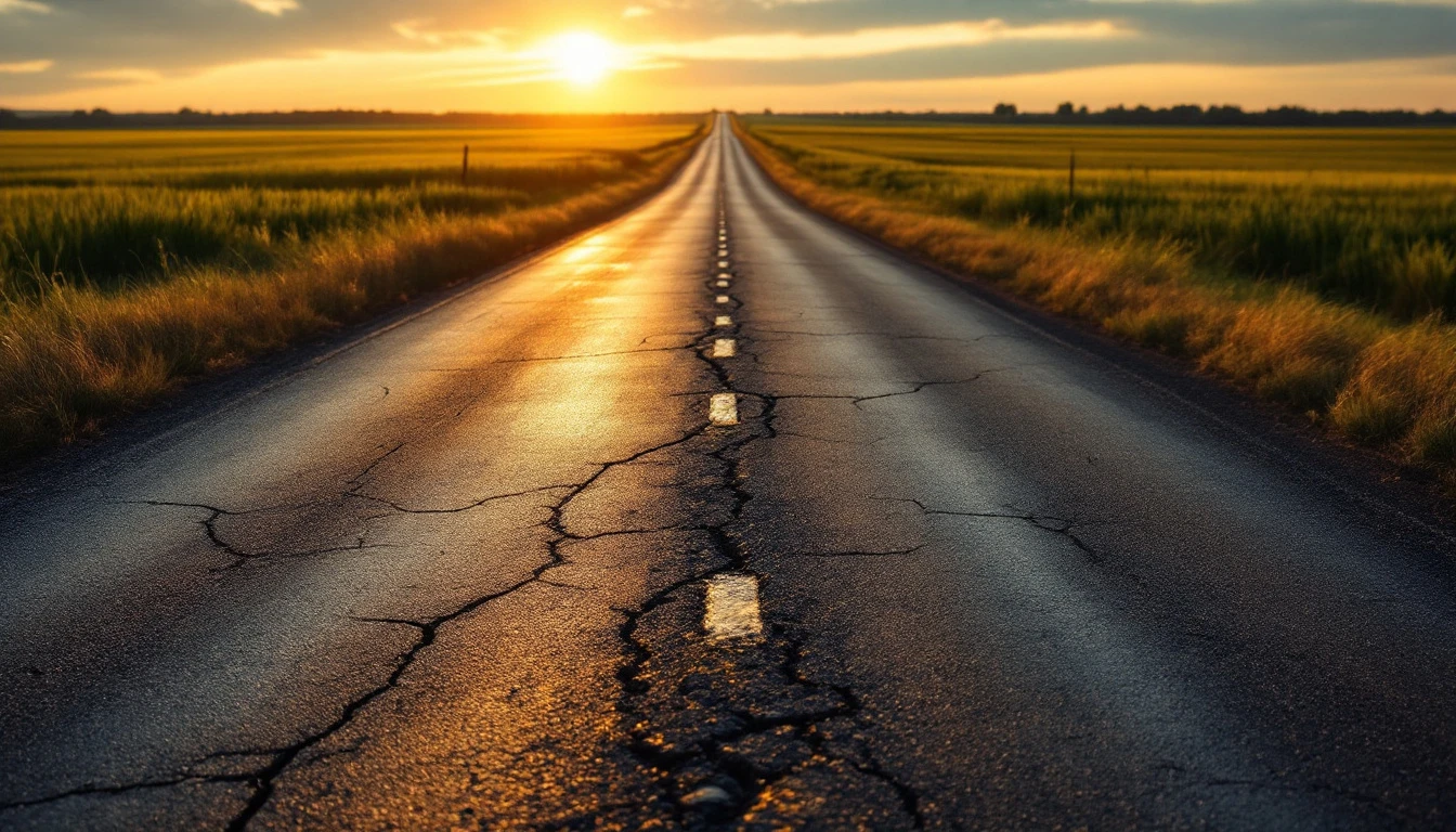 Aging asphalt lane with small cracks running between open fields