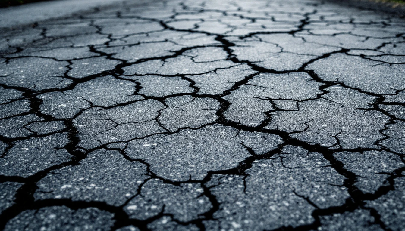 Interconnected polygon cracks spreading across a faded asphalt surface