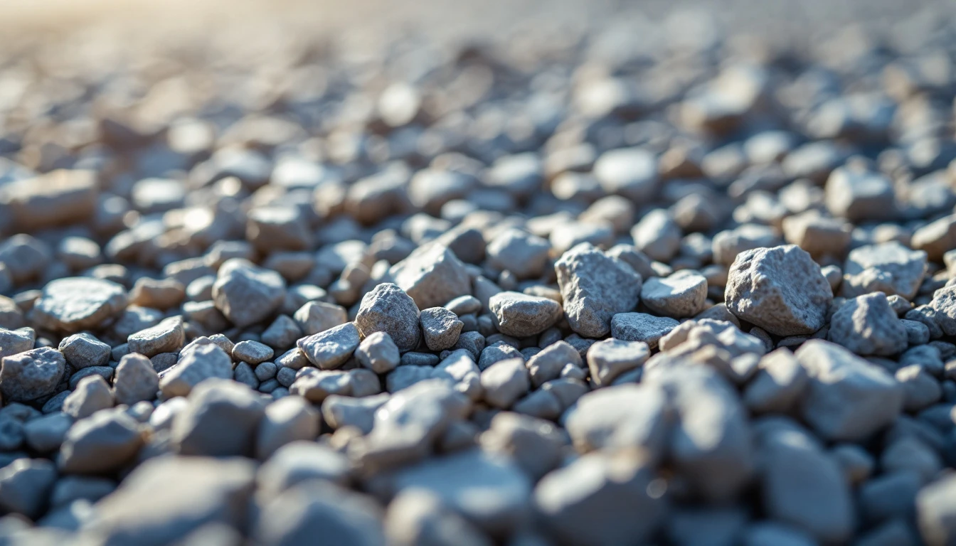 Angular crushed stone gravel surface in sharp midday light