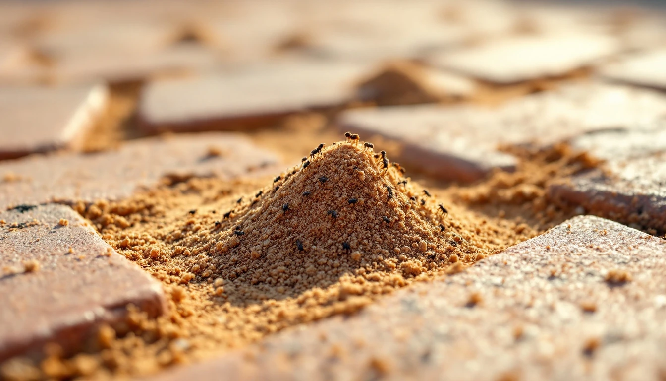 Tiny excavated sand mounds crowding the joints of weathered paving blocks
