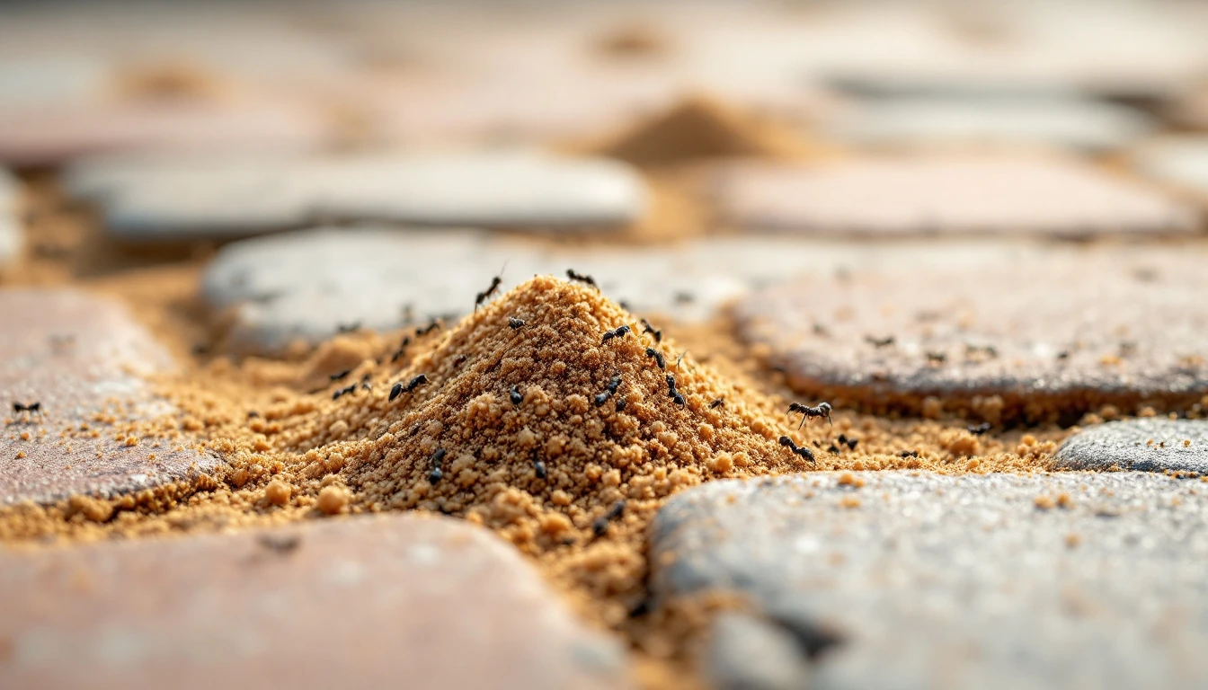 Small sand piles pushed up between the joints of paving stones