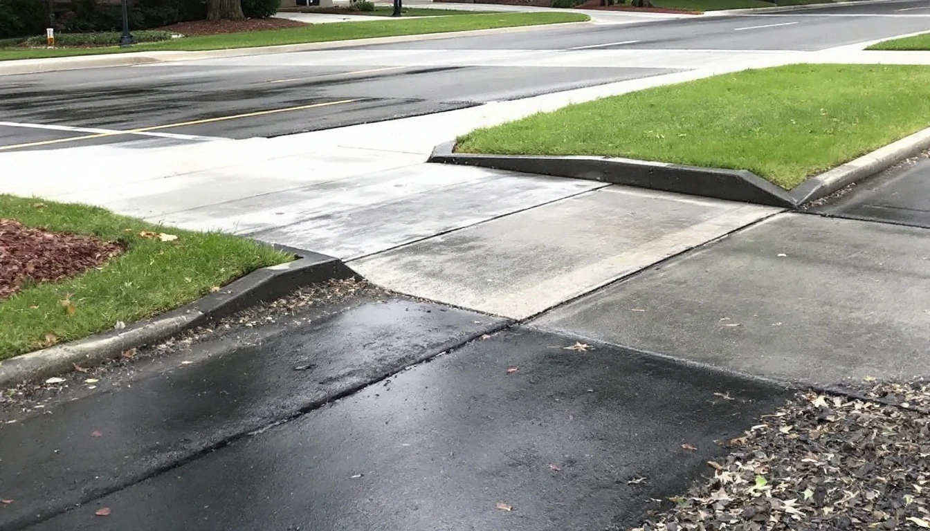 Concrete apron crossing a sidewalk beside a painted street lane