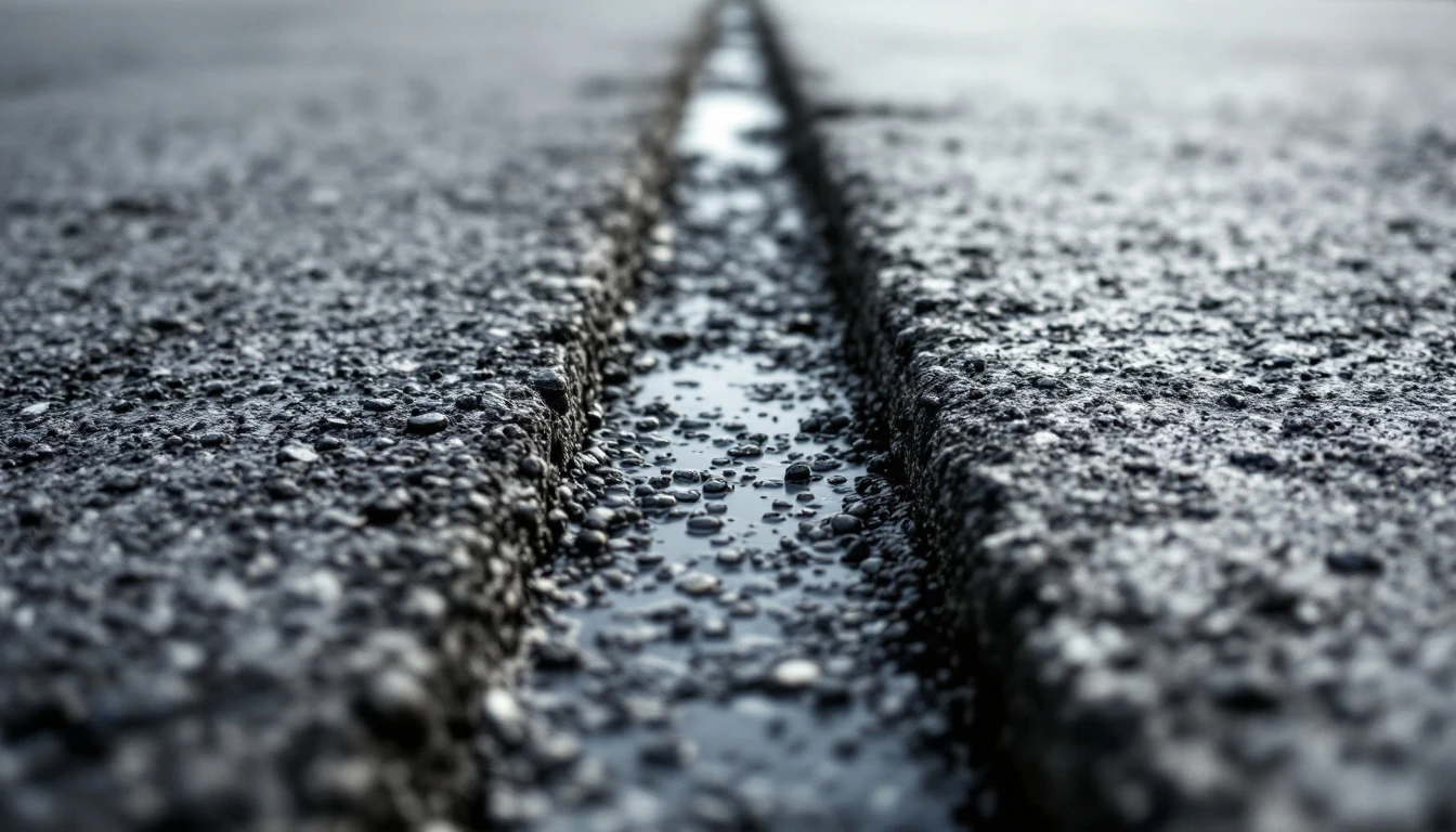Weathered asphalt meeting aged concrete along a straight centerline joint