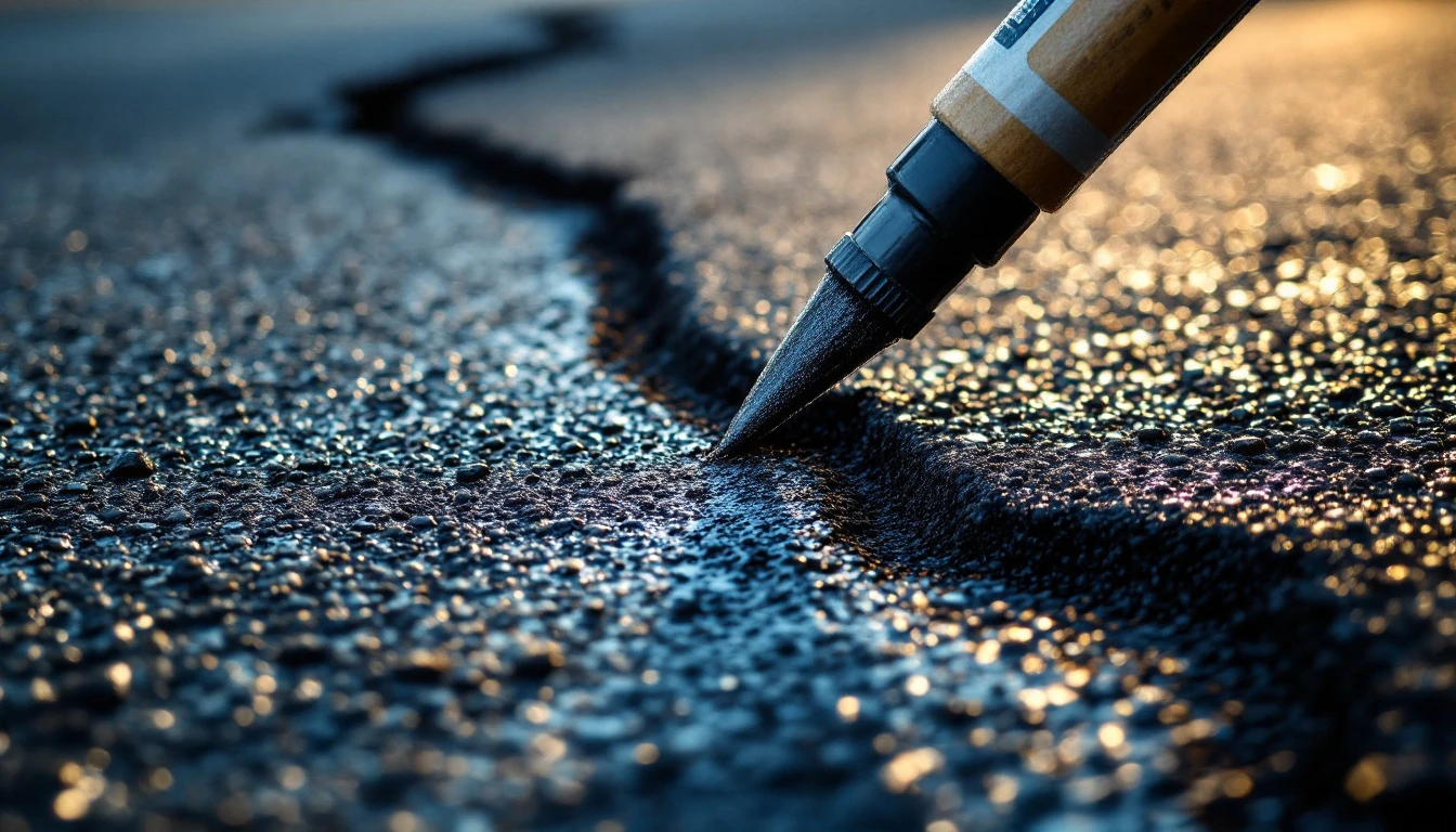 Dark crack filler tracing a repaired line across asphalt pavement