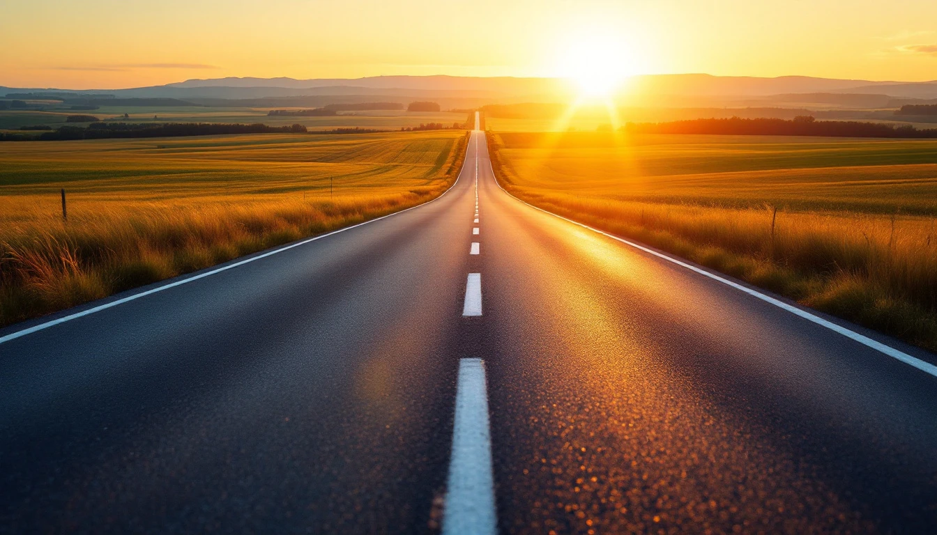 Smooth asphalt drive stretching toward open fields at golden hour