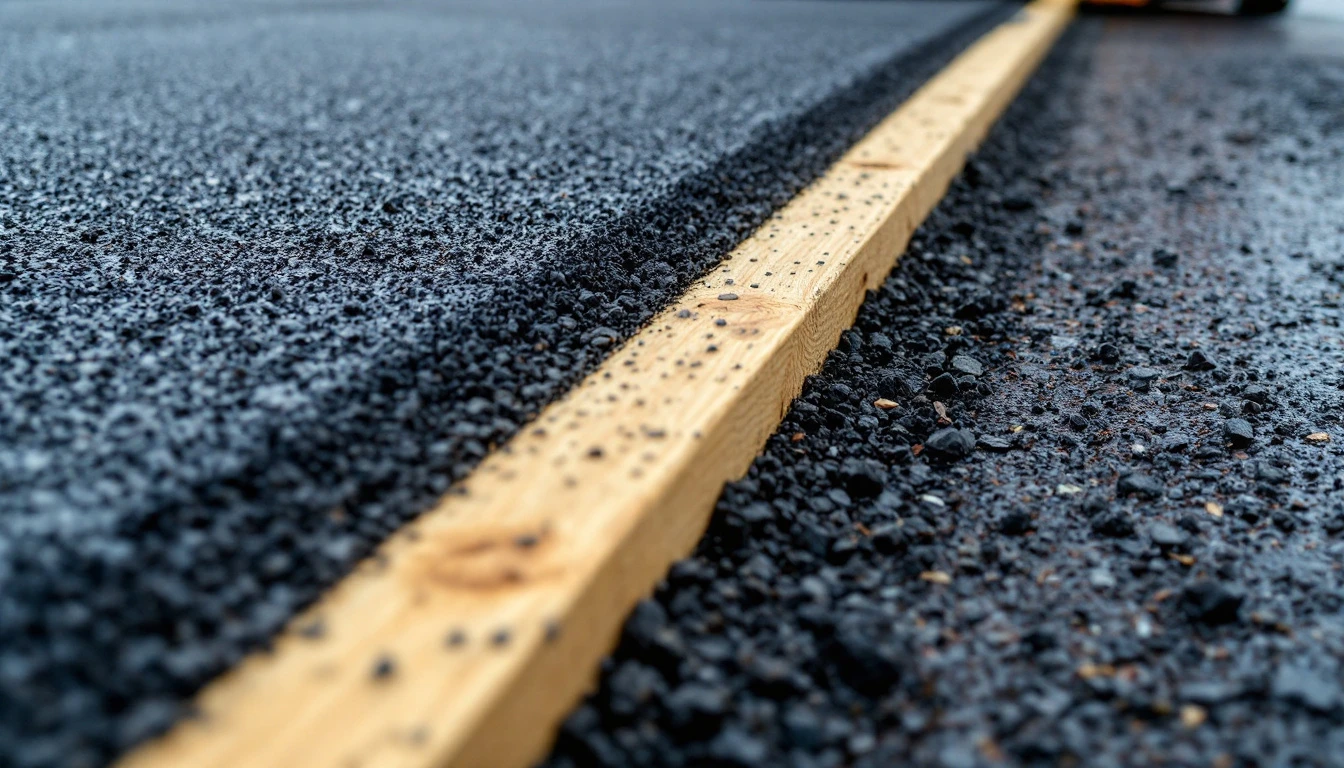 Fresh asphalt edge lined by a wooden form board under overcast sky