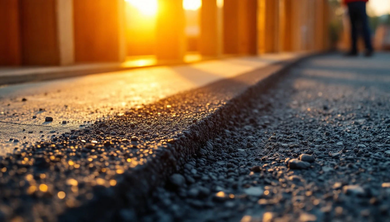 Fresh asphalt edge tucked against wooden form boards at dusk