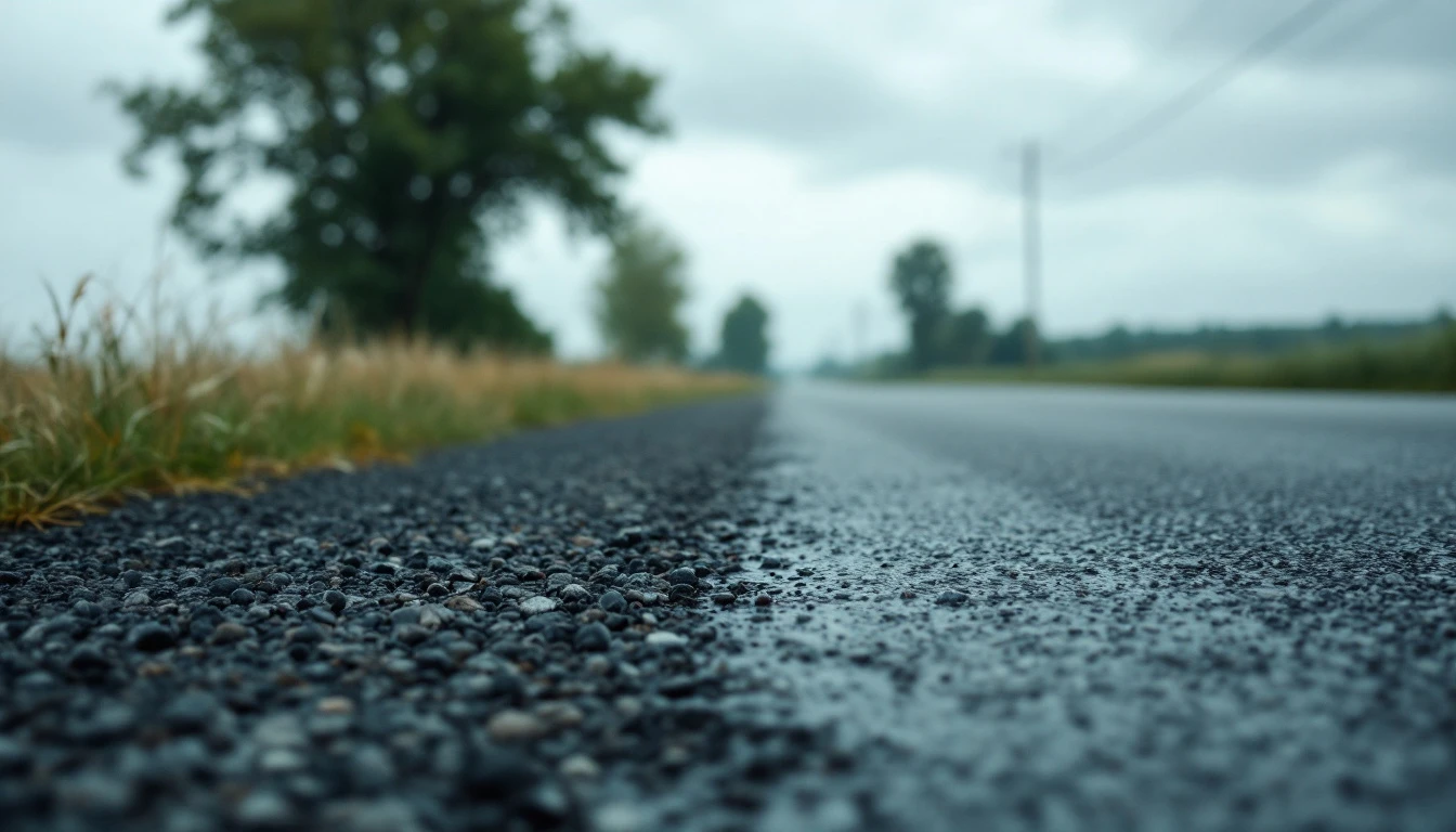 Blacktop edge meeting loose gravel shoulder on a rural lane