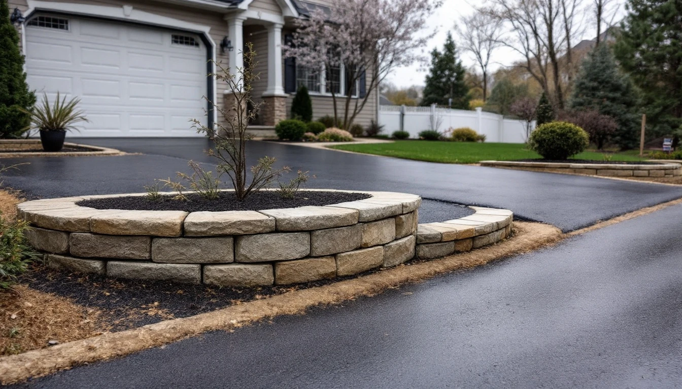 Asphalt drive edged by a low mortared stone wall