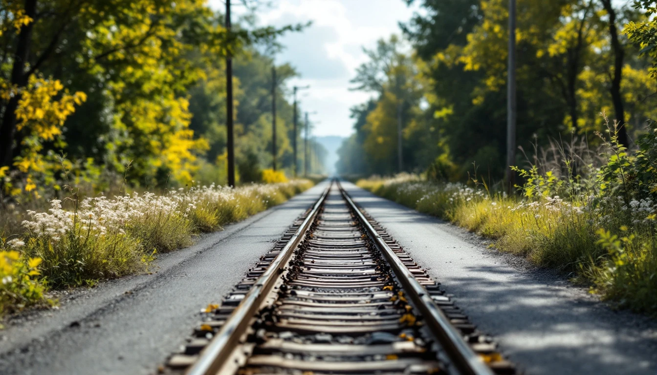 Short asphalt lane ending at a set of railroad tracks
