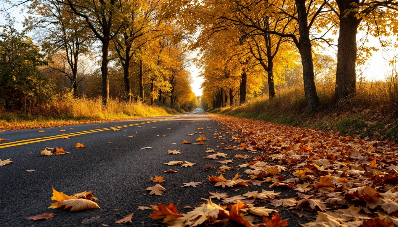 Weathered asphalt lane scattered with fallen leaves at dusk