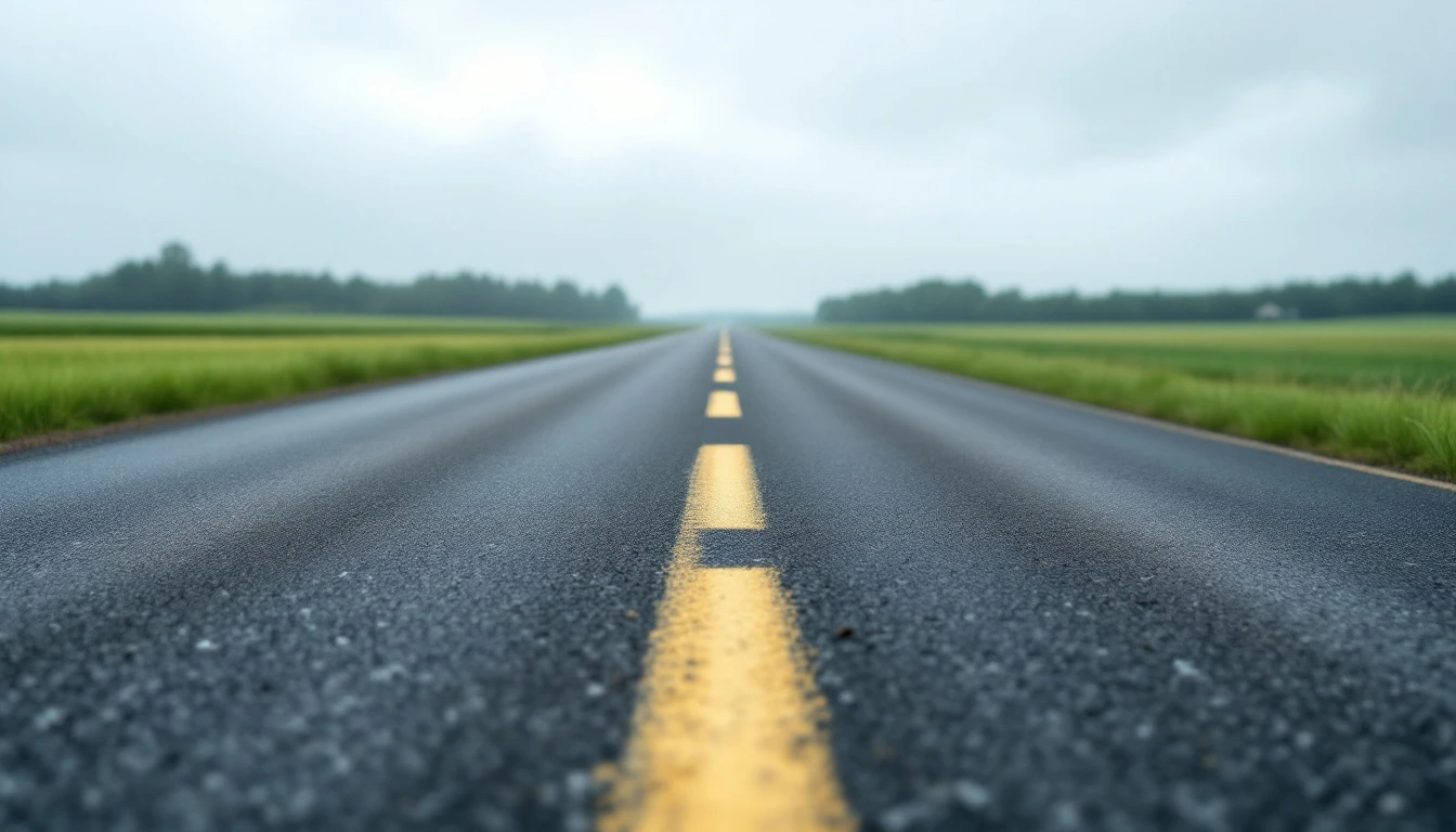 New asphalt lane meeting a loose gravel shoulder under gray skies