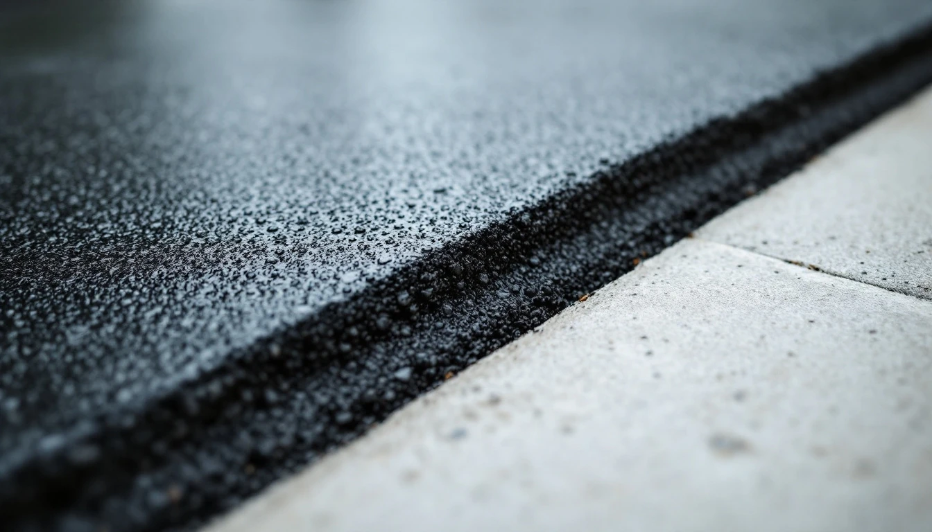 Wet fresh blacktop laid against pale concrete at the joint
