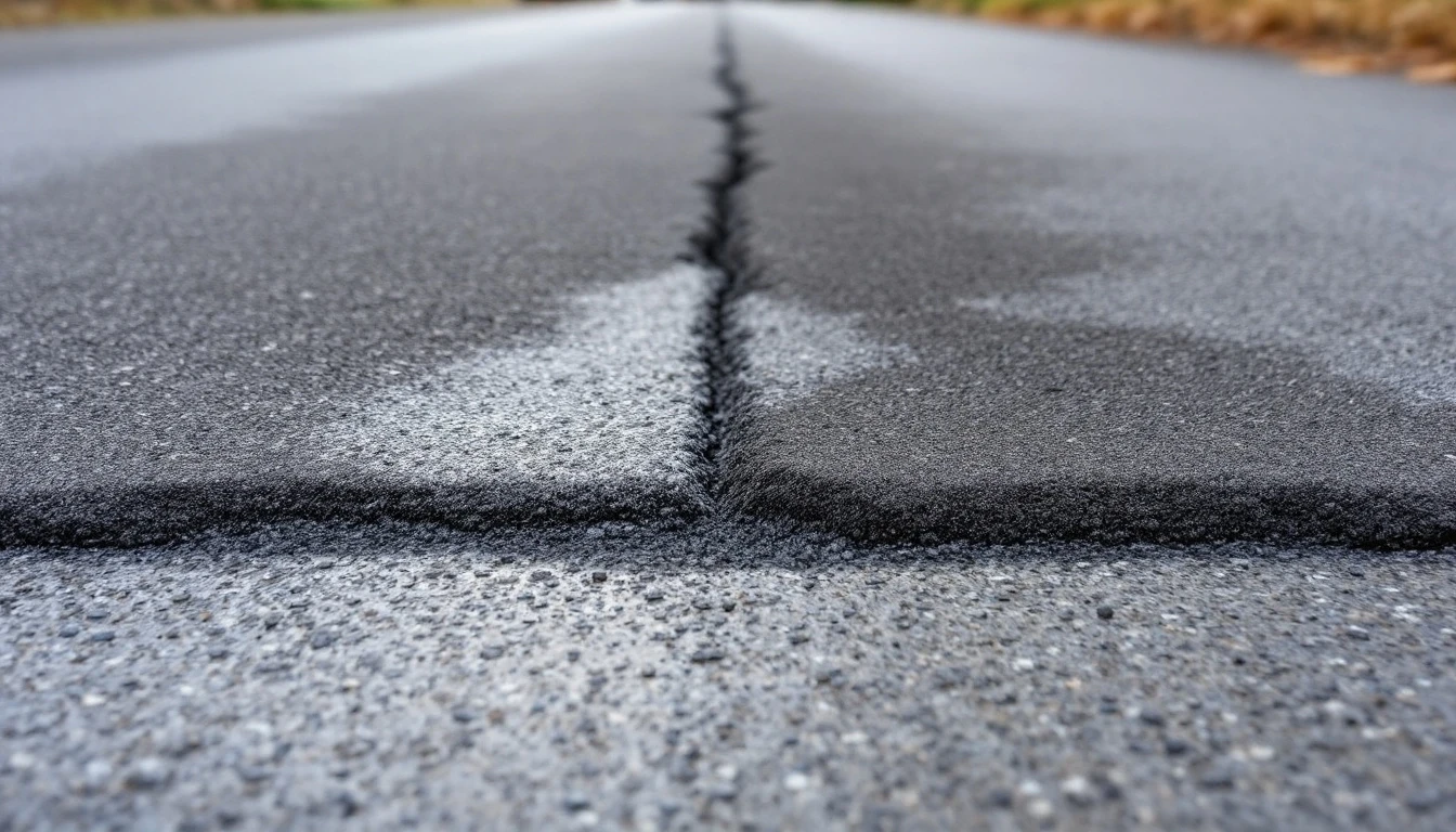Straight seam of a fresh patch crossing a weathered asphalt surface