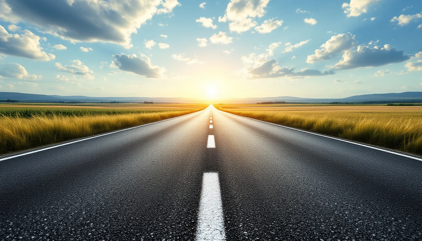 New asphalt ribbon running straight toward an open horizon