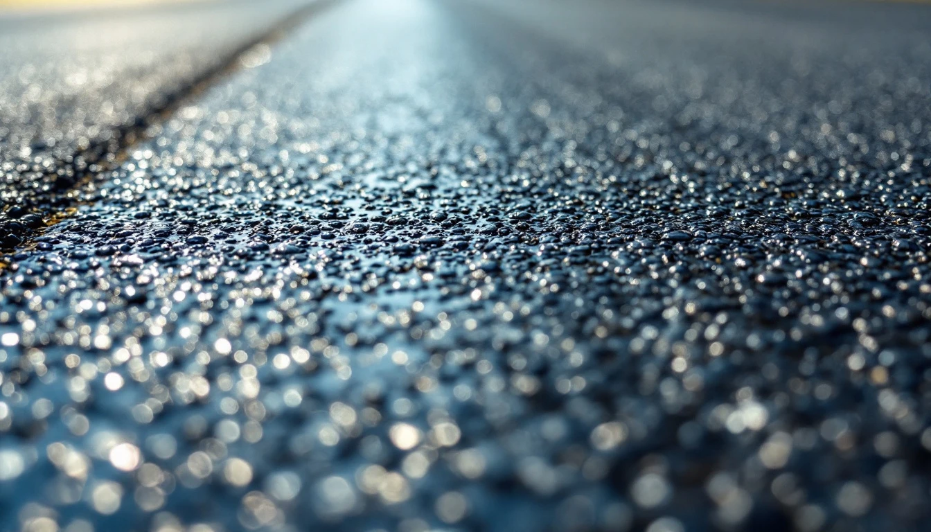 Sealcoated asphalt surface with visible roller marks in sunlight