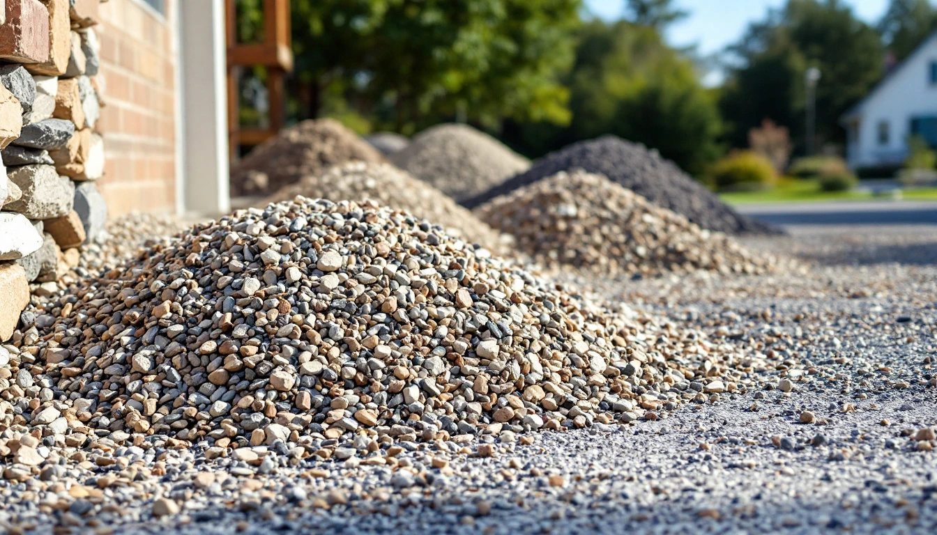Piles of assorted gravel and crushed stone staged at a driveway site