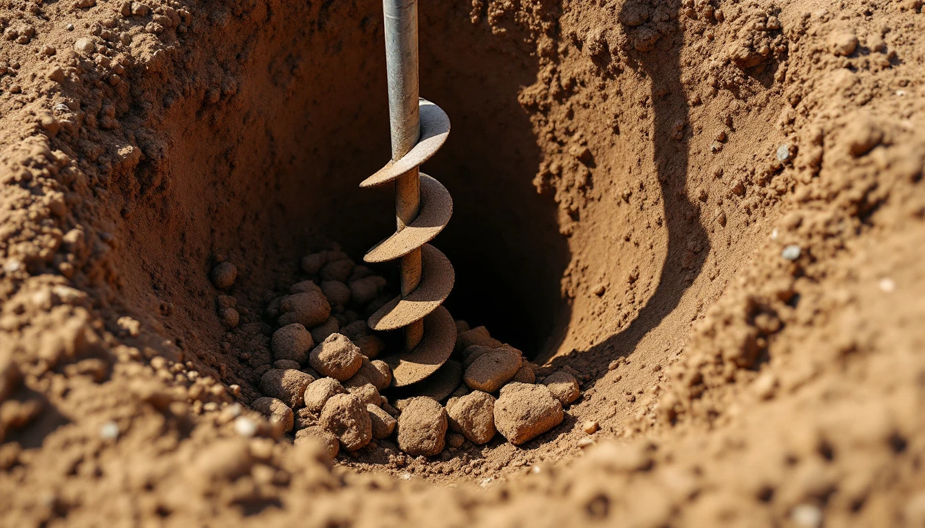 Hand auger and soil cores beside an open test hole