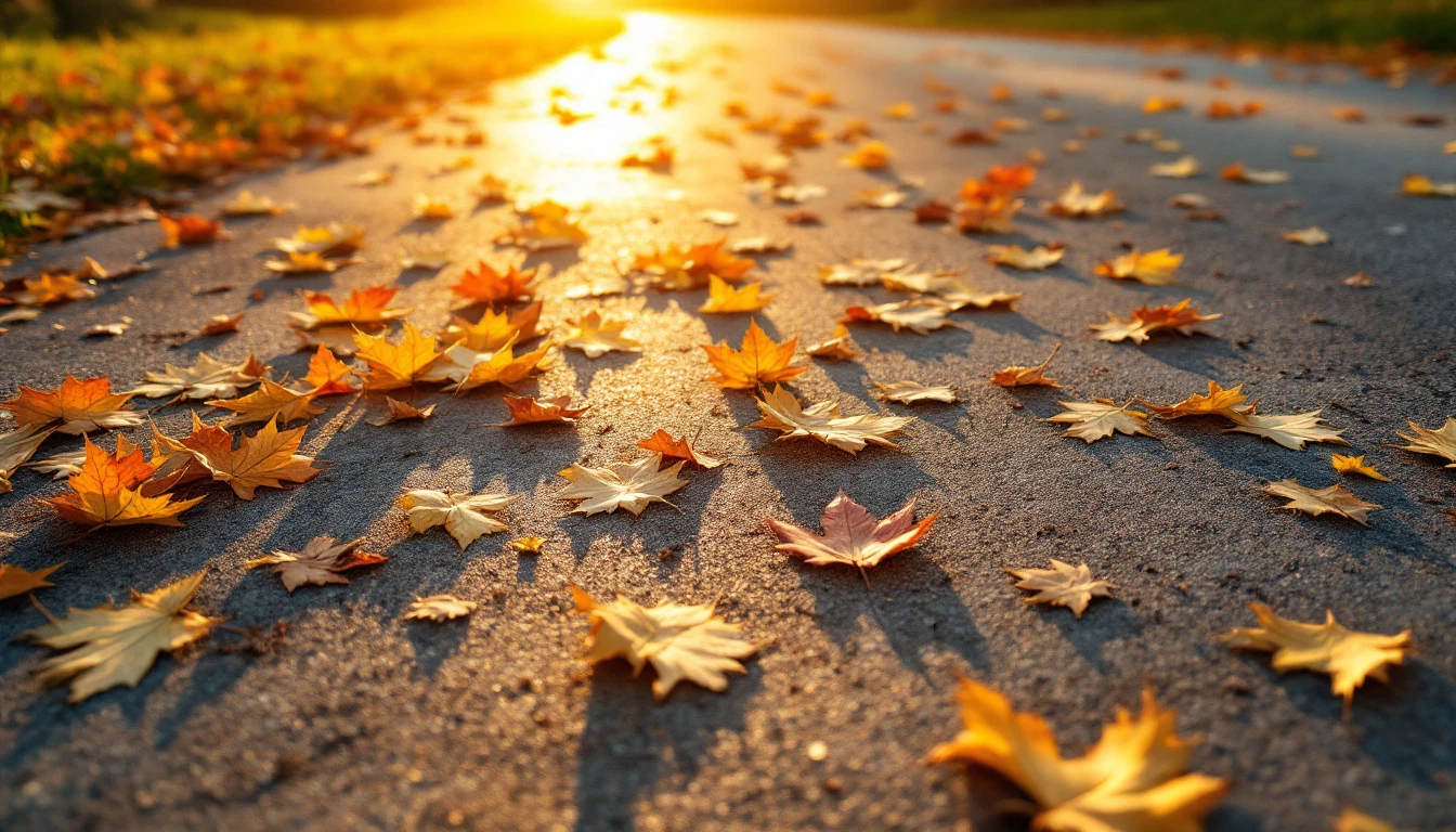 Fallen autumn leaves scattered across a weathered concrete parking strip