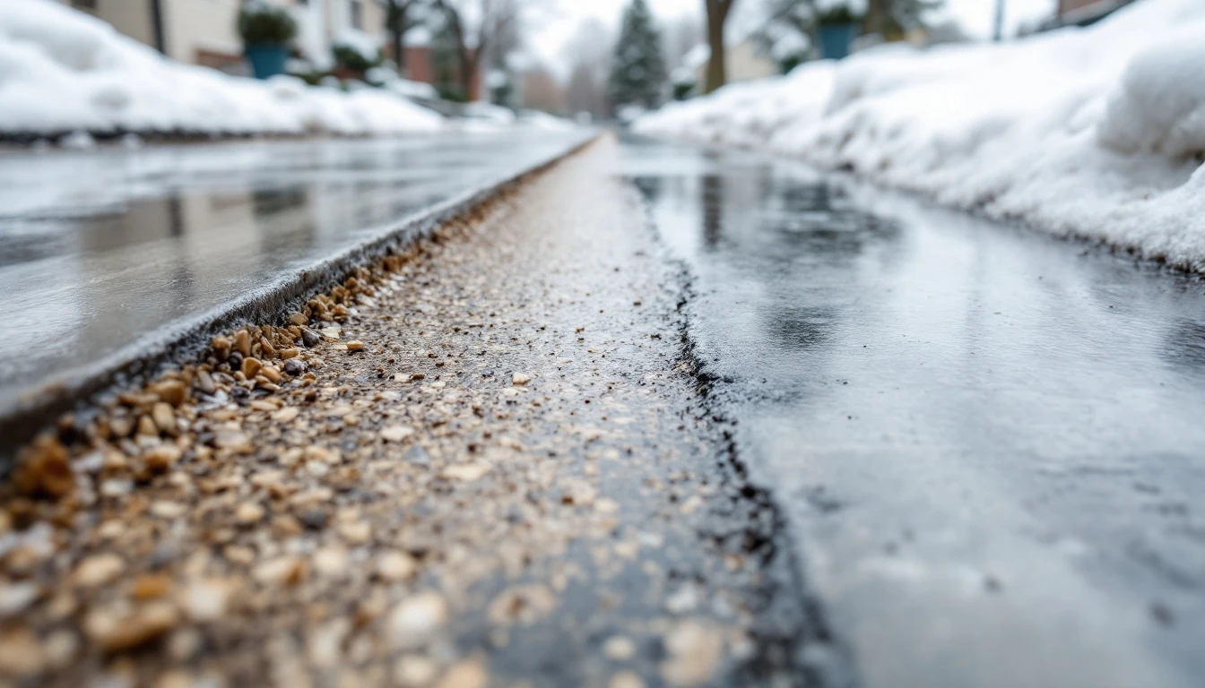 Bare wet concrete strip amid melting snow on a driveway