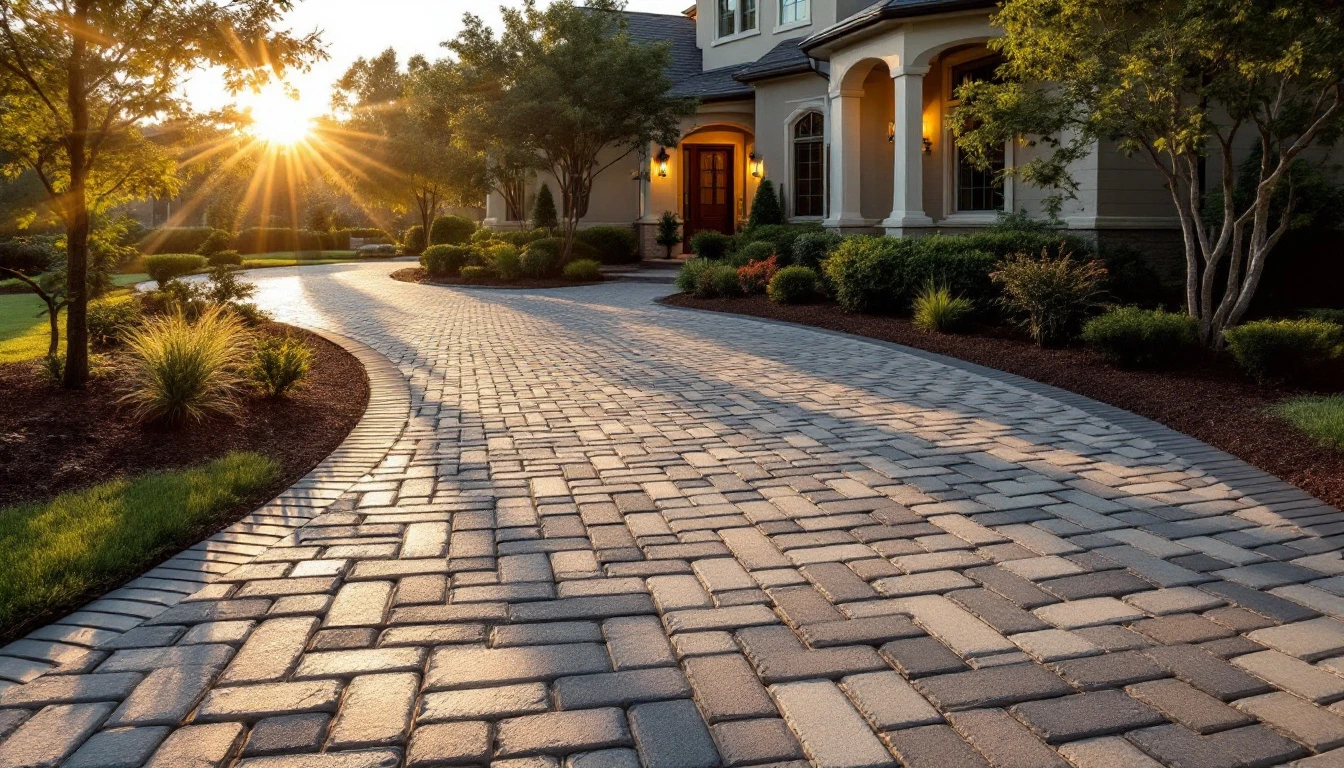 Basketweave paver driveway glowing in warm evening light