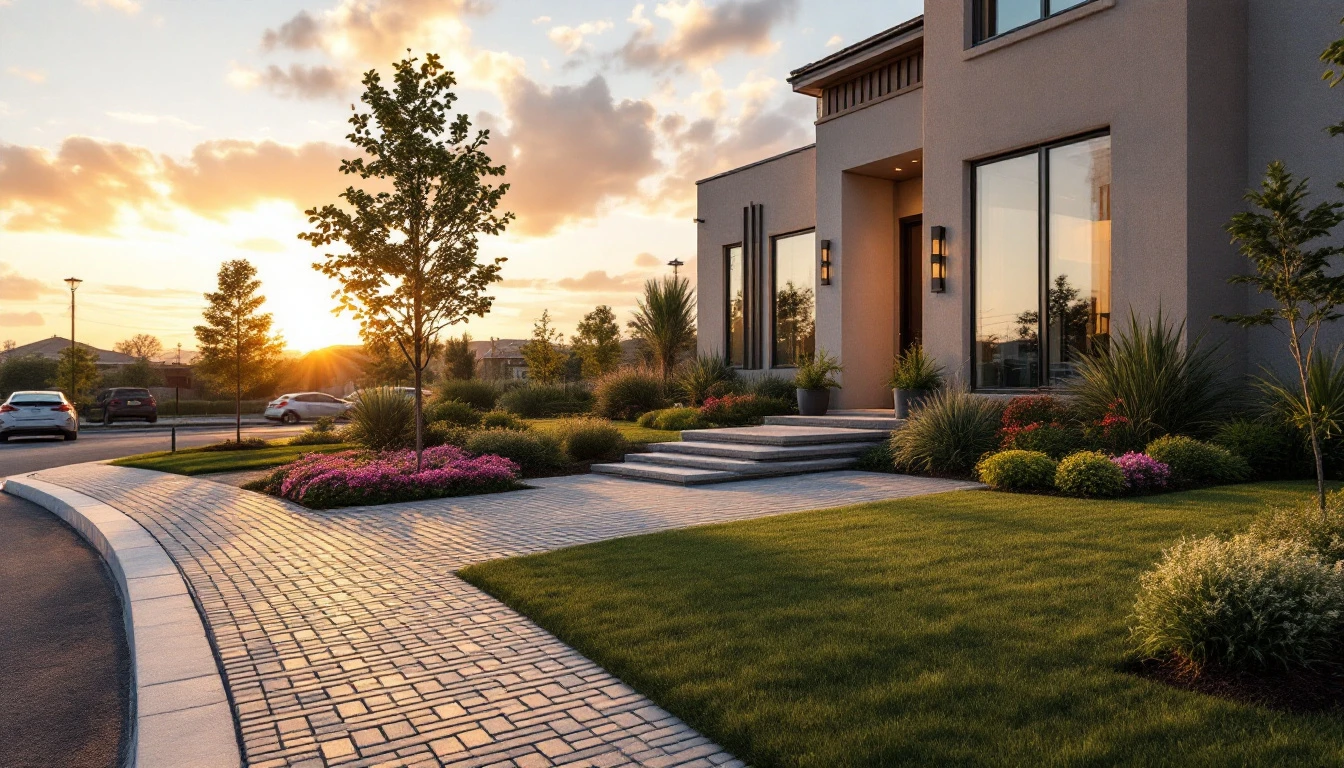 Basketweave paver frontage edged by lawn under soft morning light