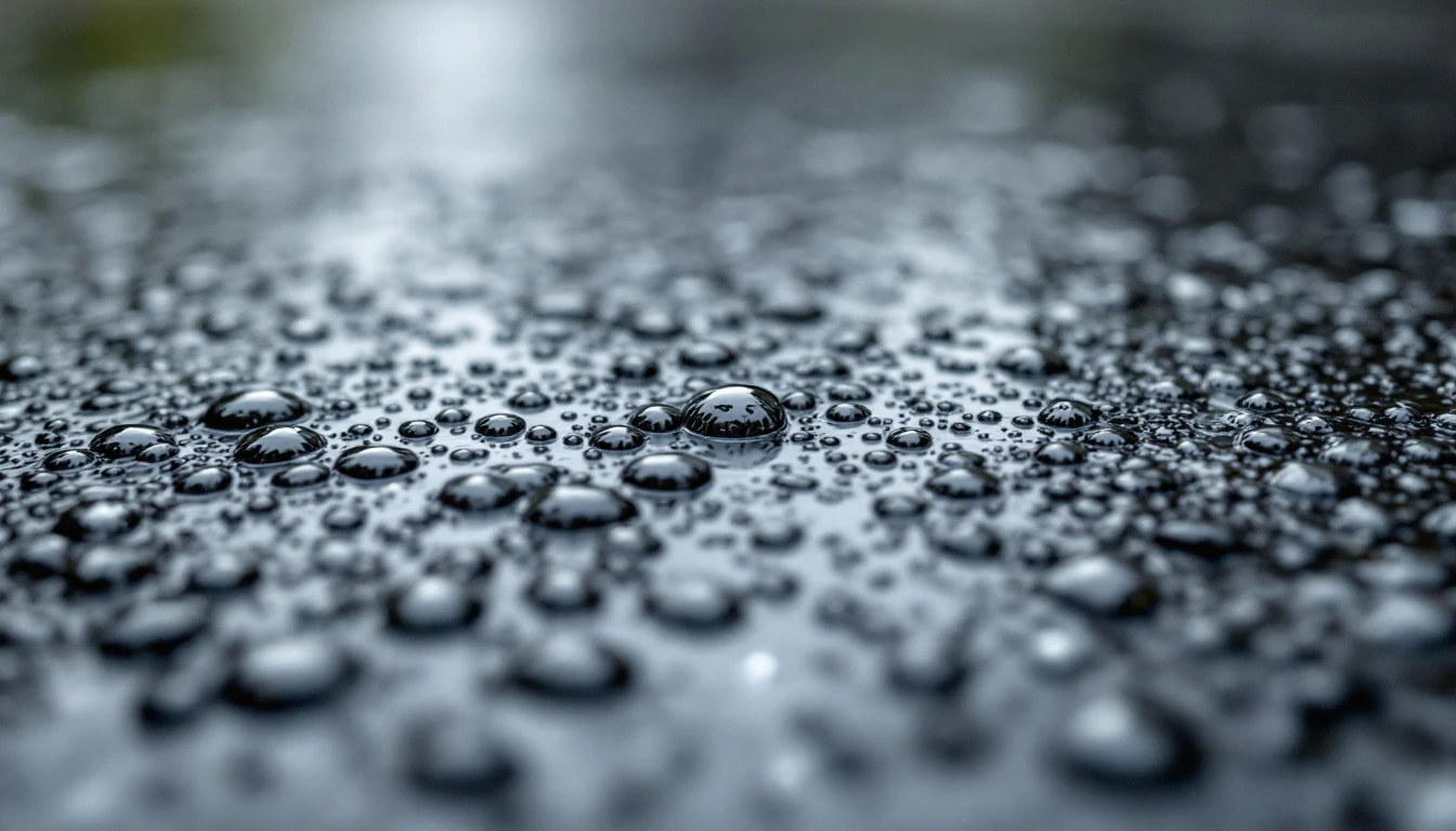 Beads of rain on a sealed asphalt surface seen from above