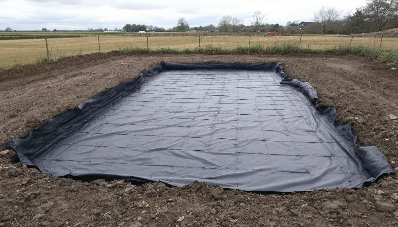 Black woven fabric rolled out across a smoothed soil base