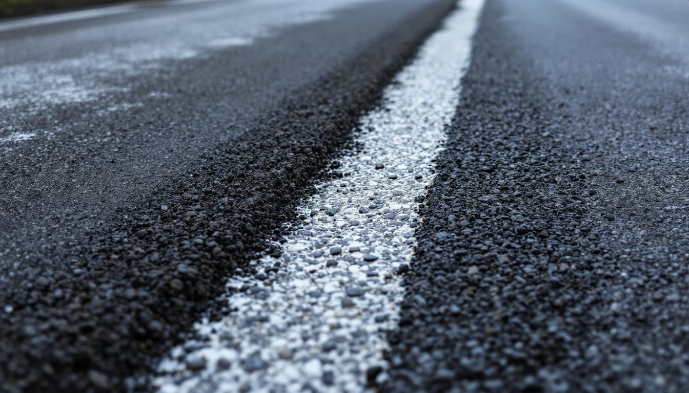 Fresh black overlay band meeting faded gray asphalt on a driveway