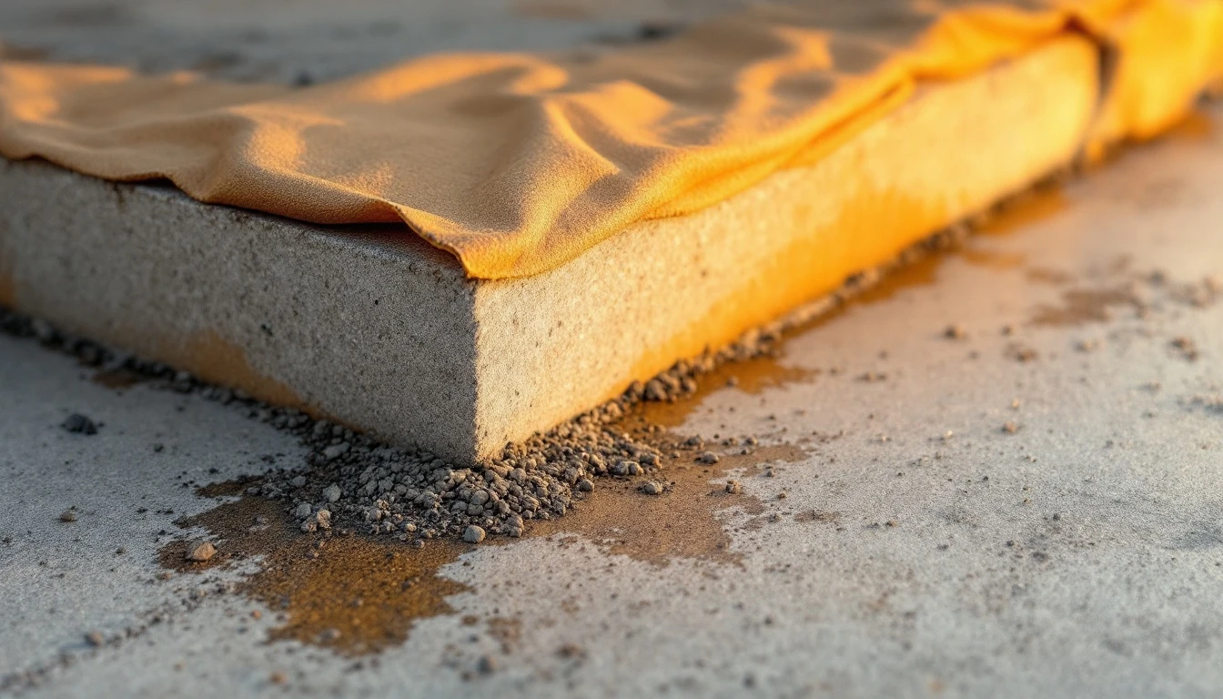 Curing blanket peeled back from the corner of a fresh slab