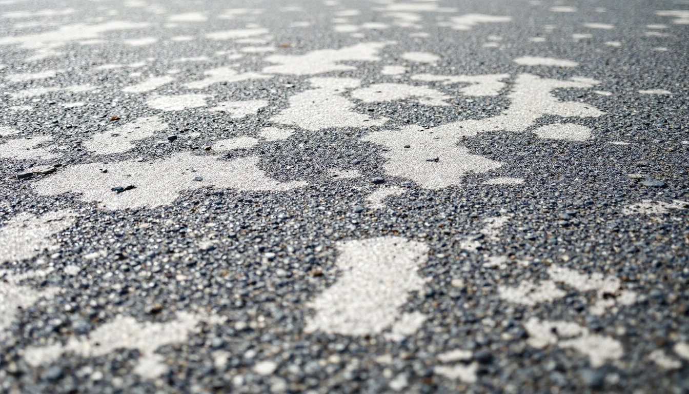 Sun bleached pale patches across a faded asphalt surface