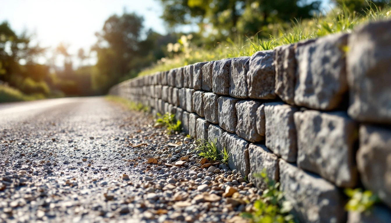 Low stone block wall rising beside a gravel drive