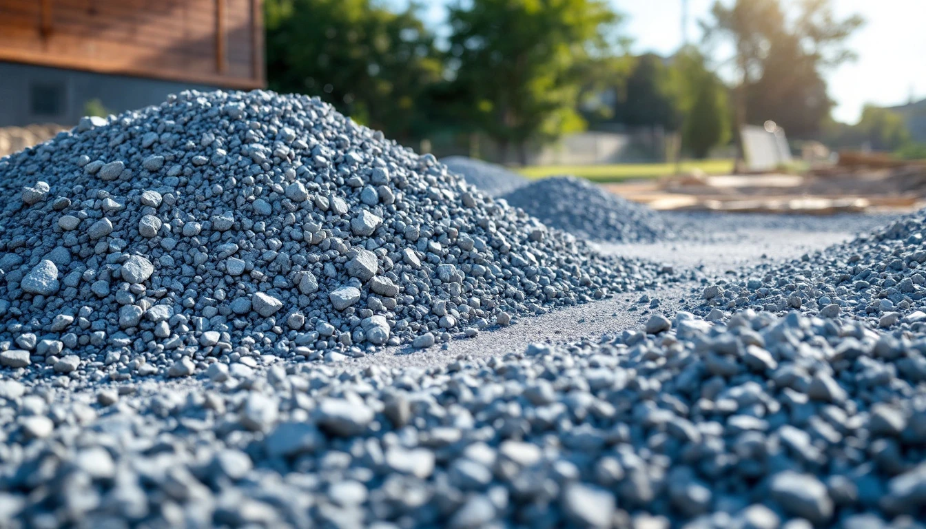Blue gray crushed stone spread in loose piles on a drive