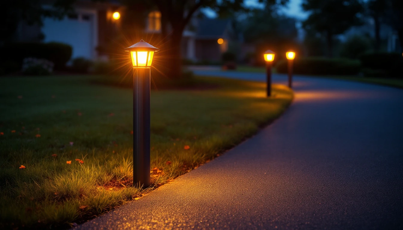 Low bollard lights glowing along a sealed driveway at dusk
