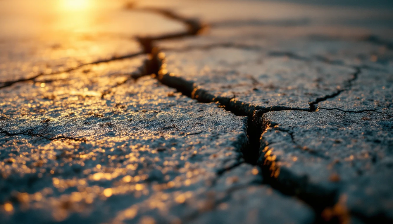 Branching crack across an old concrete slab in warm evening light