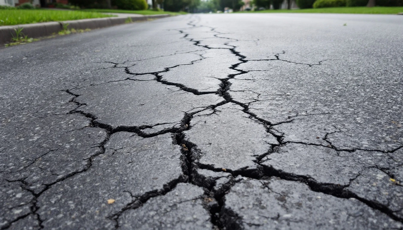 Branching cracks spread across dull weathered asphalt near the curb