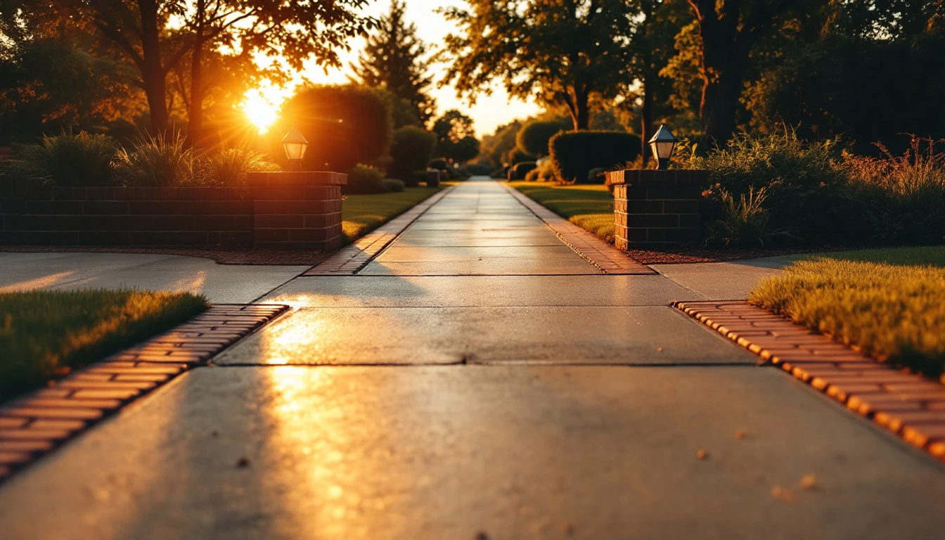 Concrete front drive with brick banding in evening light