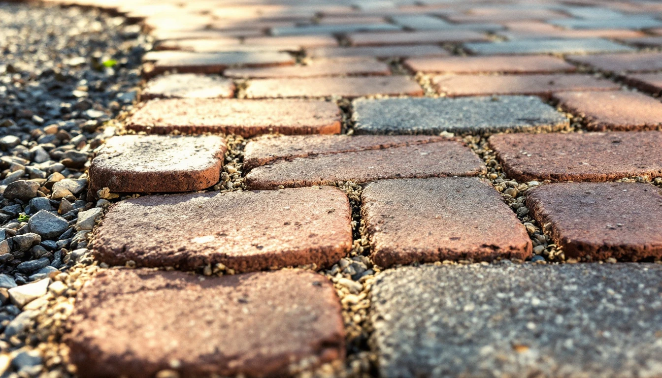 Low view of brick pavers meeting a loose gravel drive edge