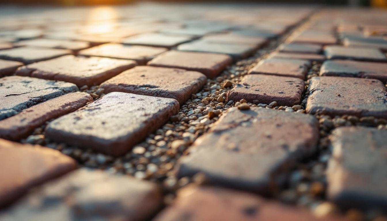 Interlocking brick pavers ending at a strip of loose gravel
