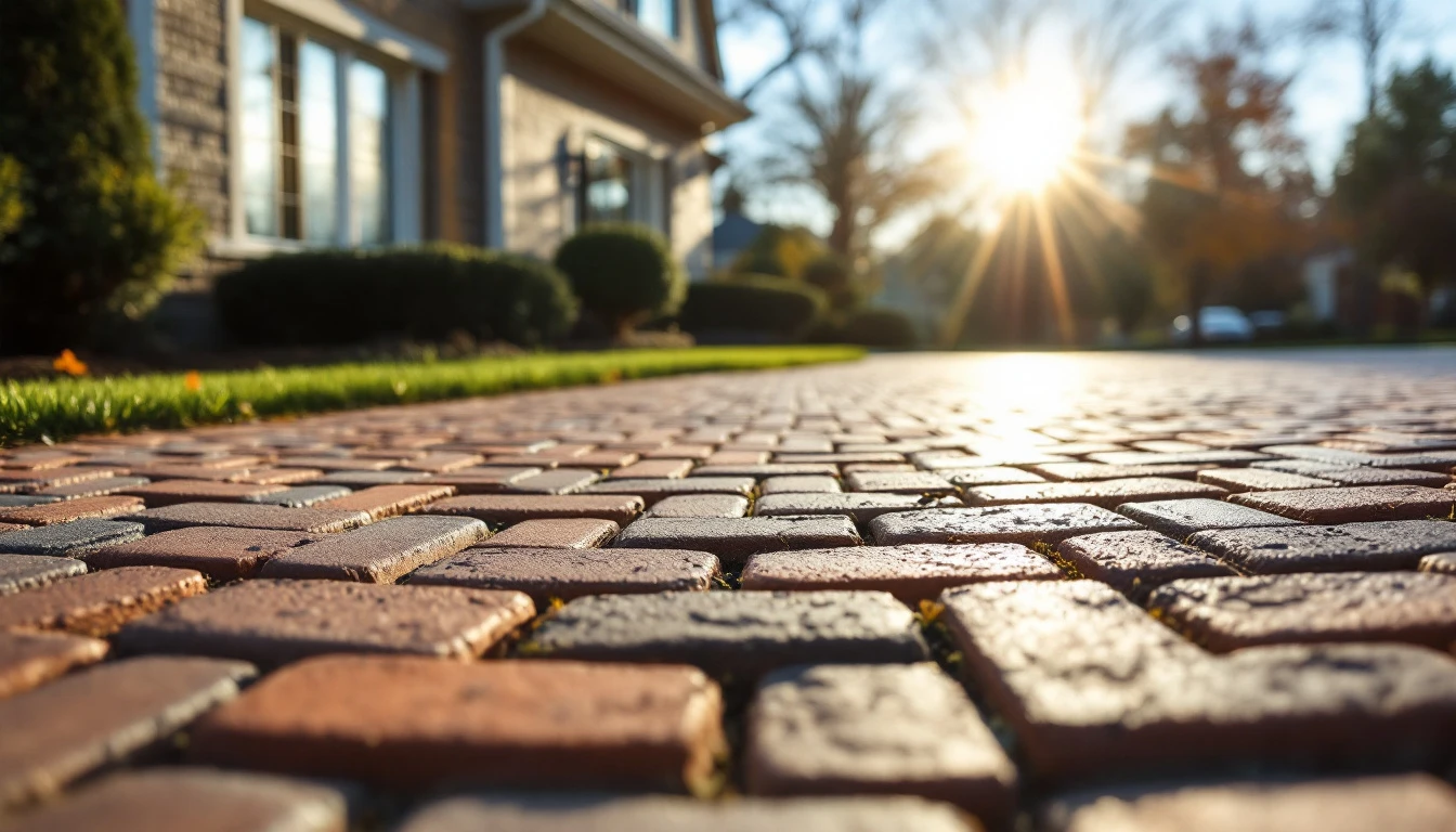 Brick paver driveway in full harsh midday sun before a home